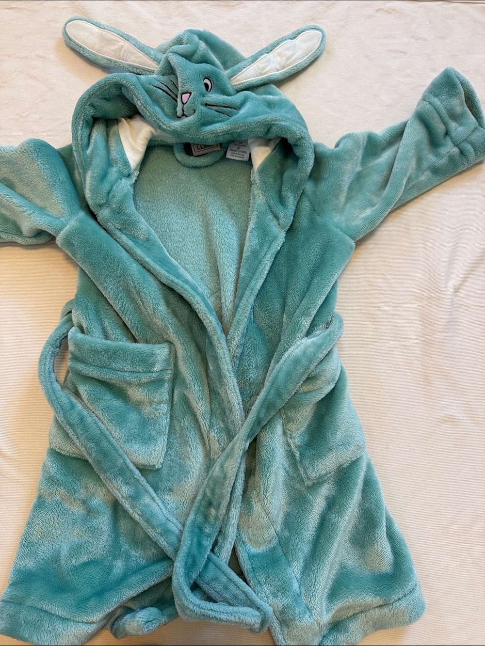 L.L. Bean Plush Kids Hooded Bathrobe with Bunny Ears - Teal 2T - Picture 3 of 3